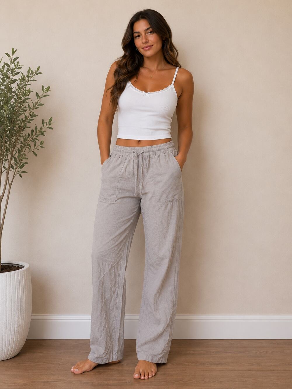 HG Women's Linen Blend Wide Leg Pants Medium Beige Taupe Drawstring Pull On
